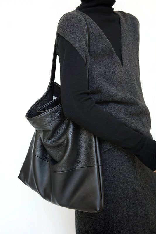 レイジーシックブラックレザートートショルダーバッグ B3513