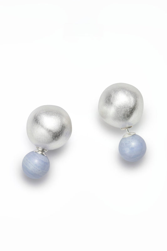 S925 Blue Agate Double Bead Earrings B4336