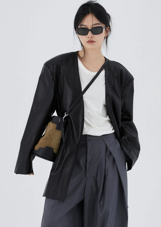 バイカラーヌバックバケットレザーショルダーバッグ B2123