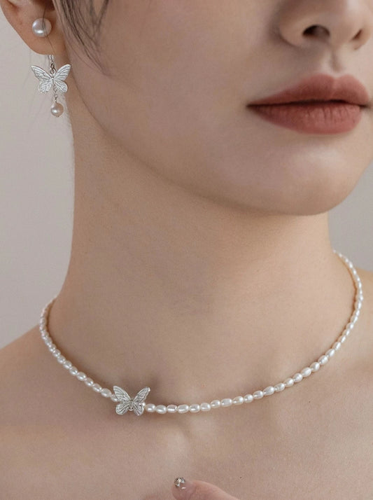 S925バタフライナチュラルパールチョーカーネックレス B2435