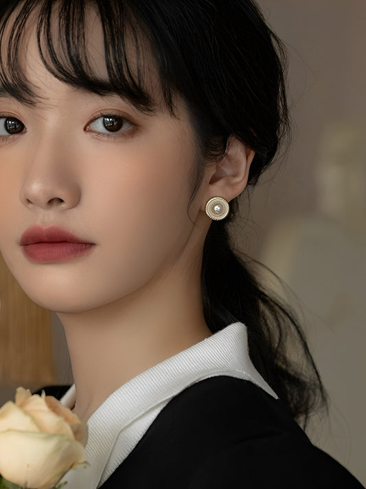 レトロラウンド淡水パールピアス B1305