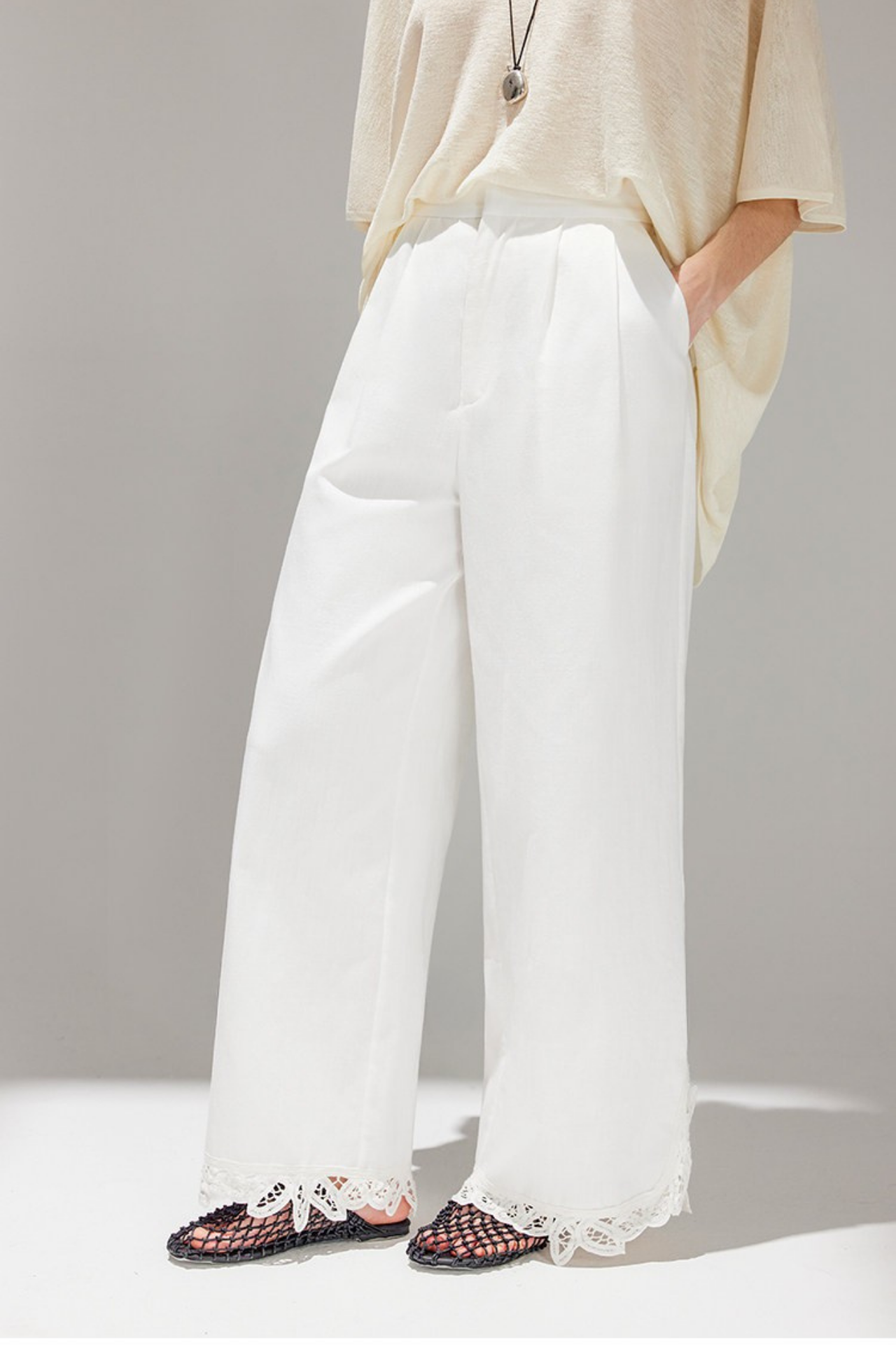 White Lace Cutwork Straight Pants B4740