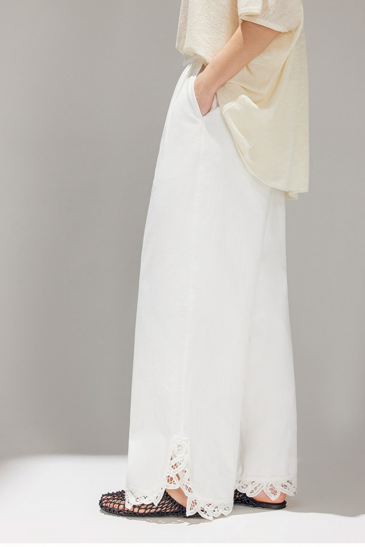 White Lace Cutwork Straight Pants B4740