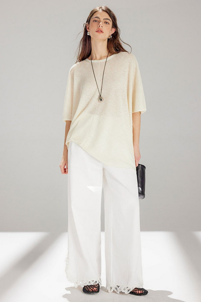 White Lace Cutwork Straight Pants B4740