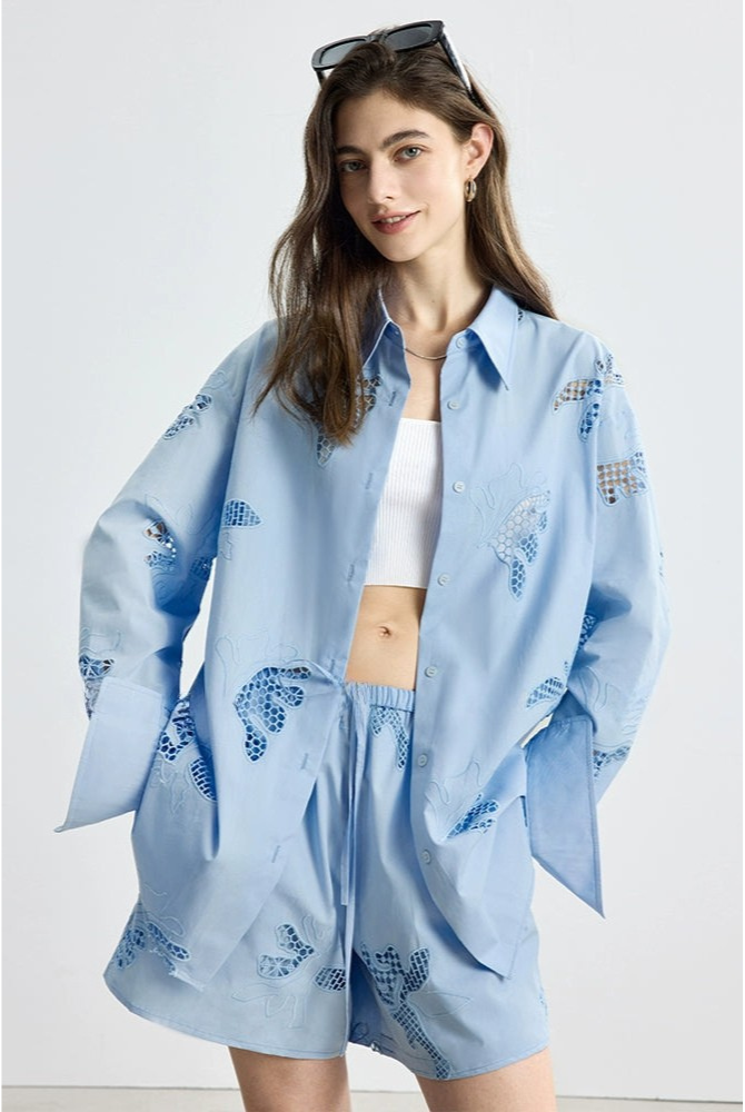 防曬法式寬鬆刺繡襯衫短褲套裝B4144