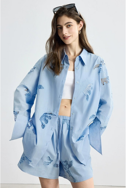 防曬法式寬鬆刺繡襯衫短褲套裝B4144