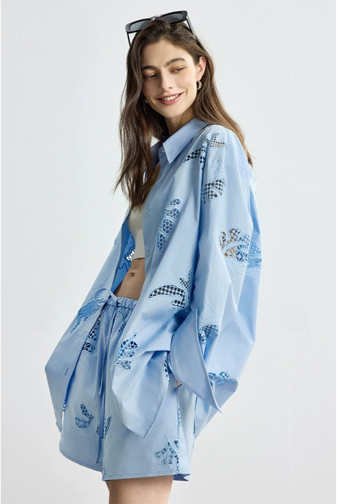 防曬法式寬鬆刺繡襯衫短褲套裝B4144