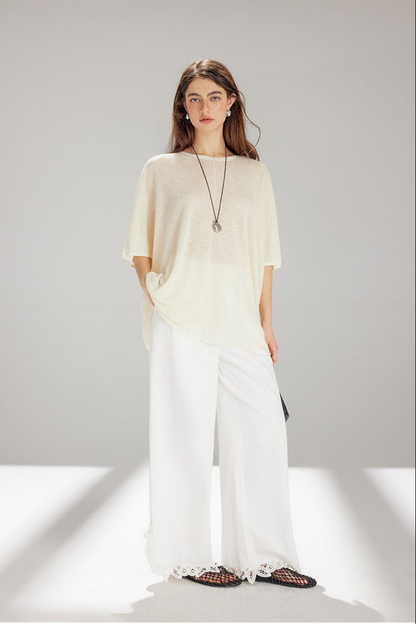 White Lace Cutwork Straight Pants B4740