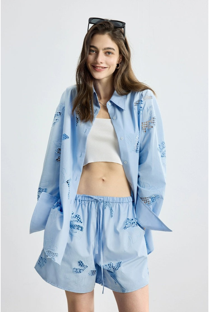 防曬法式寬鬆刺繡襯衫短褲套裝B4144