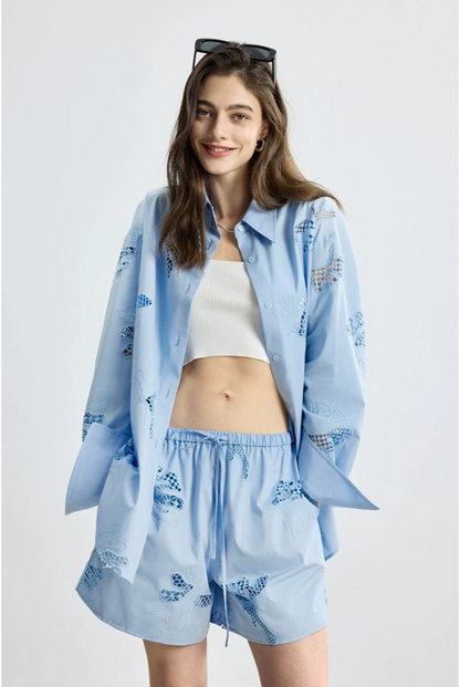 防曬法式寬鬆刺繡襯衫短褲套裝B4144