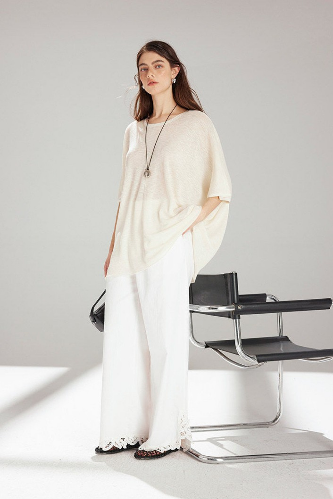 White Lace Cutwork Straight Pants B4740