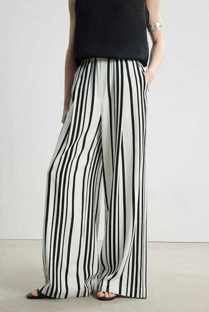 プレミアムブラック＆ホワイトストライプルーズパンツ　B4140