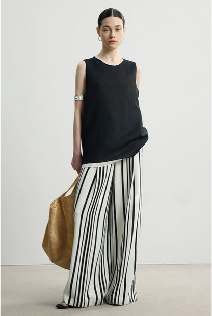 プレミアムブラック＆ホワイトストライプルーズパンツ　B4140