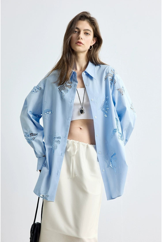 防曬法式寬鬆刺繡襯衫短褲套裝B4144