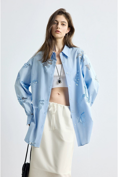 防曬法式寬鬆刺繡襯衫短褲套裝B4144