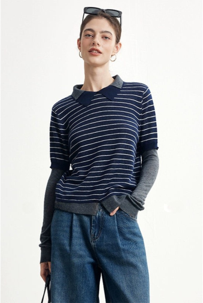 Striped wool blend fake two-piece sweater B4305
