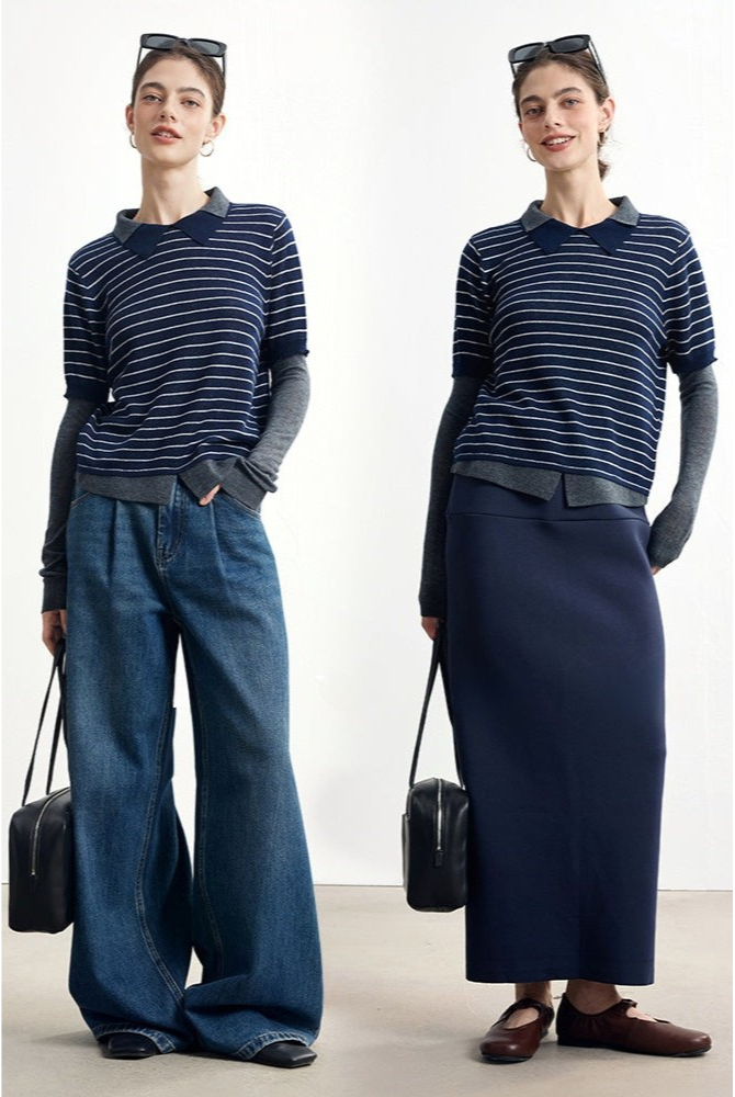 Striped wool blend fake two-piece sweater B4305