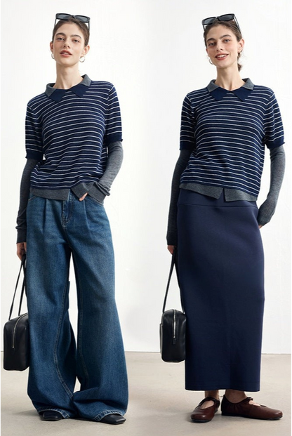 Striped wool blend fake two-piece sweater B4305