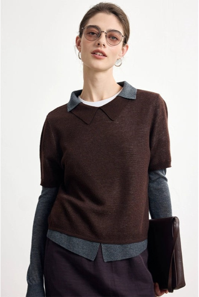 Striped wool blend fake two-piece sweater B4305