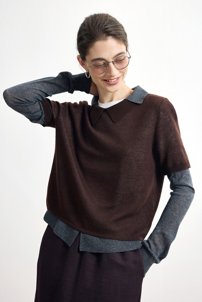 Striped wool blend fake two-piece sweater B4305