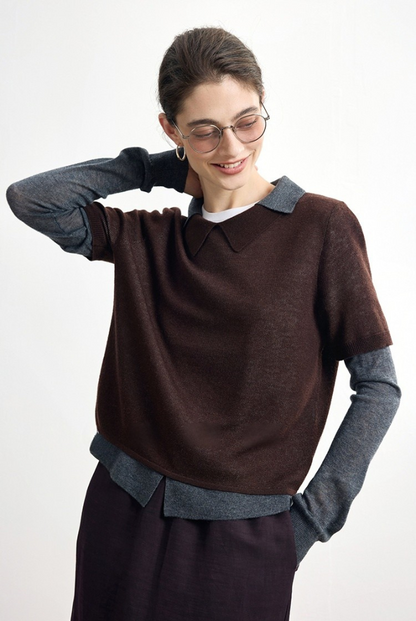 Striped wool blend fake two-piece sweater B4305