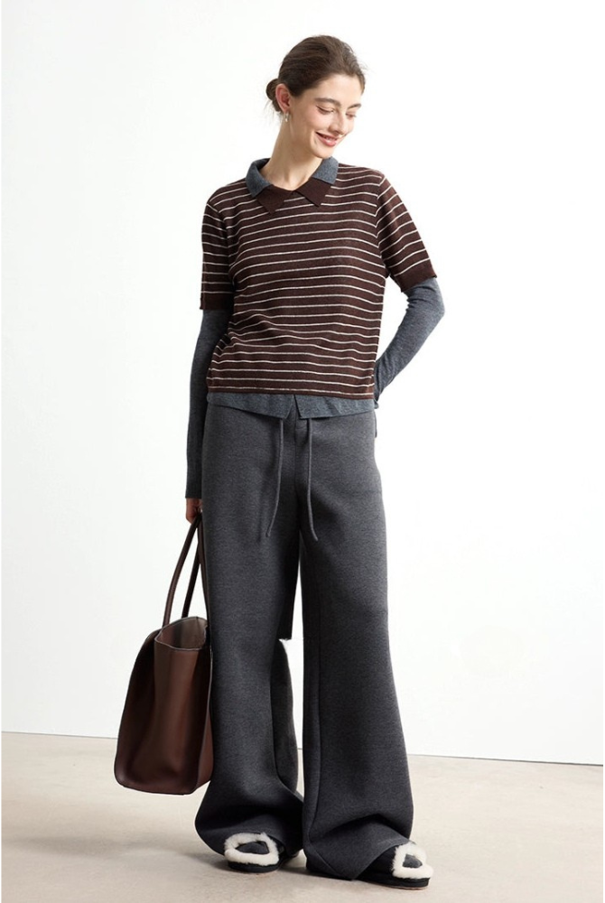 Striped wool blend fake two-piece sweater B4305