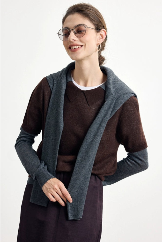 Striped wool blend fake two-piece sweater B4305