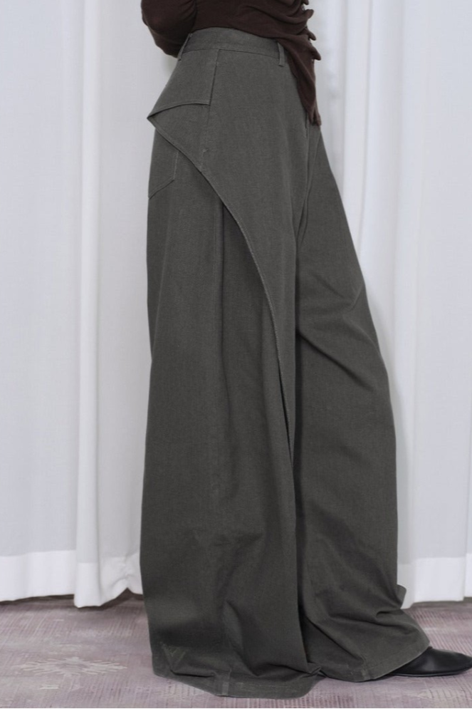 Asymmetrical three-dimensional pleated wide pants B4316