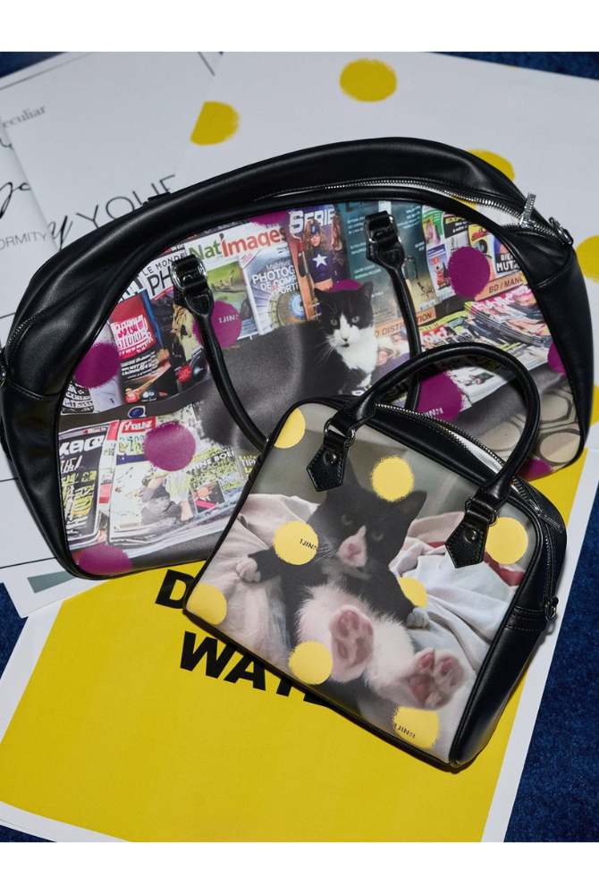 レトロキャット＆ドッグプリントボストンバッグ　B4321