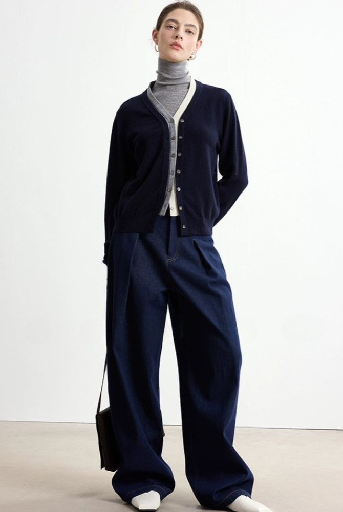 Pure wool faux two-piece V-neck cardigan B4327