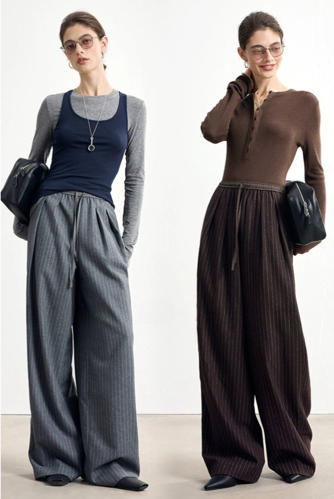 Striped wool blend drape straight pants B4328