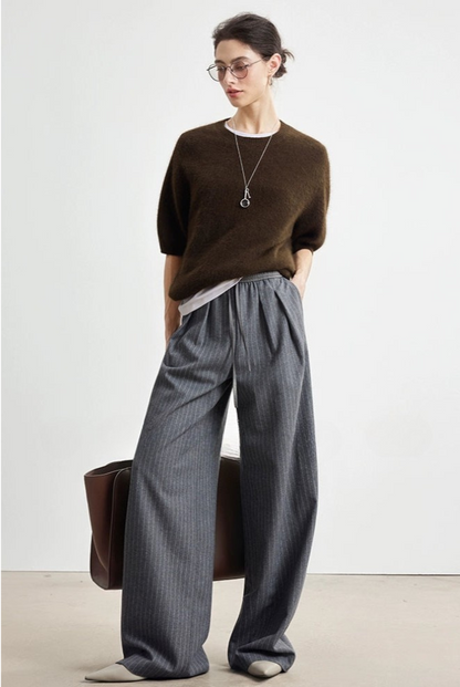 Striped wool blend drape straight pants B4328