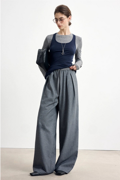 Striped wool blend drape straight pants B4328
