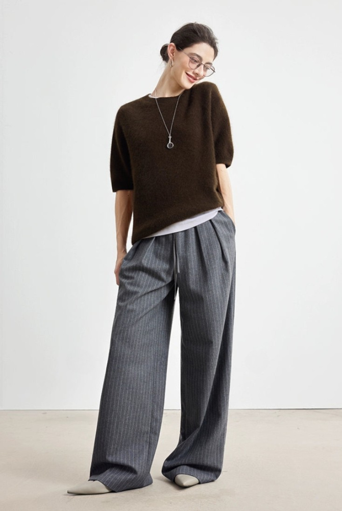 Striped wool blend drape straight pants B4328