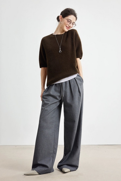 Striped wool blend drape straight pants B4328