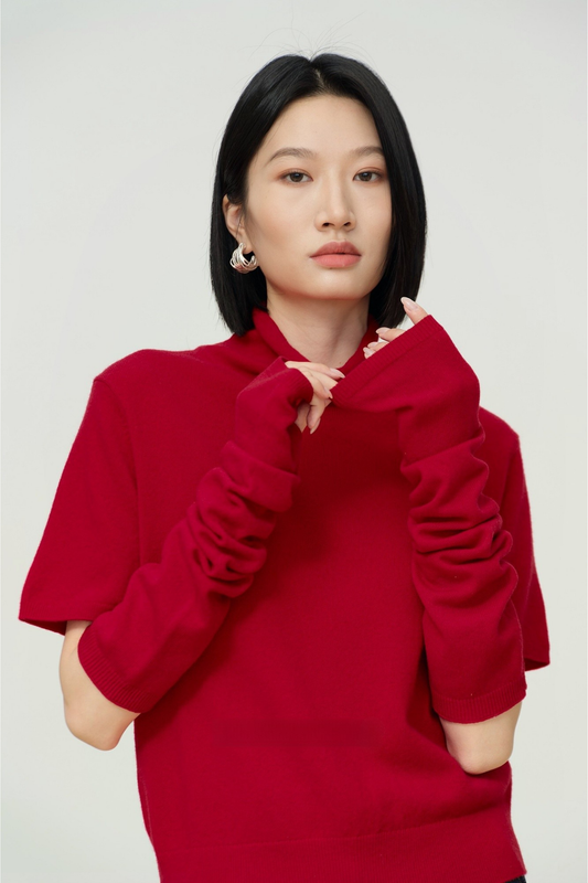 カシミアウールハイネック半袖セーター・アームスリーブ　B4482