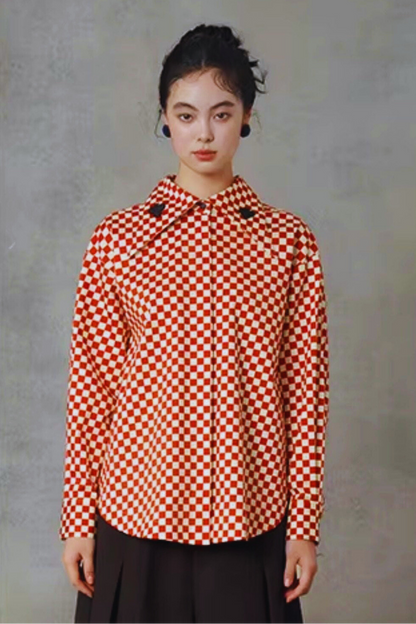 レトロチェック柄トランプ刺繡ラペルシャツ　B4582