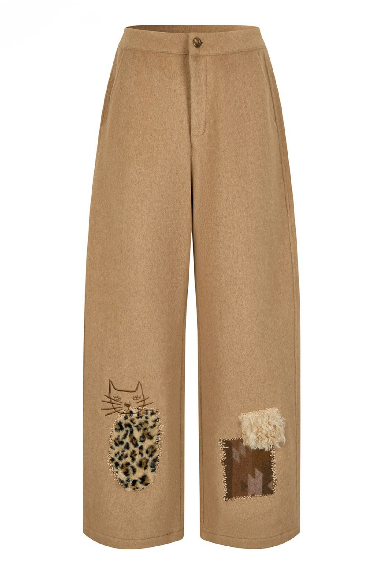 キャットアップリケ刺繡ウール混シミターパンツ　B4590