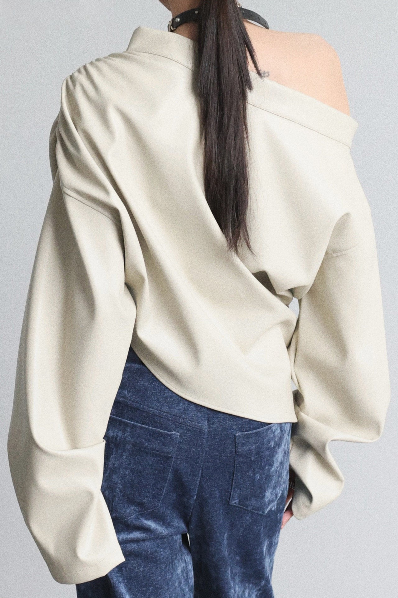 PU asymmetrical diagonal collar cover-up top B4647