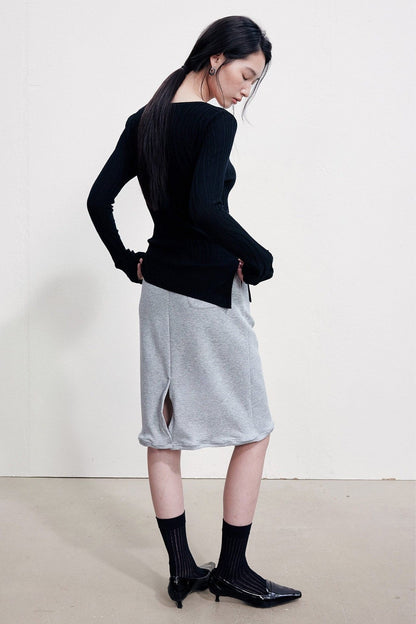 100% Wool Wrinkled Design Asymmetrical Boat Neck Slim Top B4989