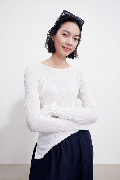 100% Wool Wrinkled Design Asymmetrical Boat Neck Slim Top B4989