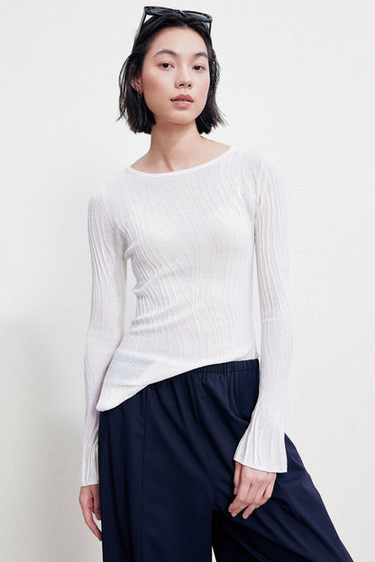 100% Wool Wrinkled Design Asymmetrical Boat Neck Slim Top B4989