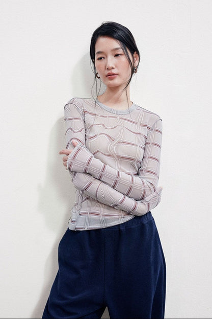 Printed Mesh Slim-Fit Long-Sleeve Top B4991