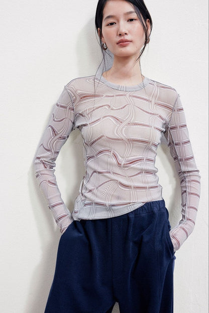 Printed Mesh Slim-Fit Long-Sleeve Top B4991
