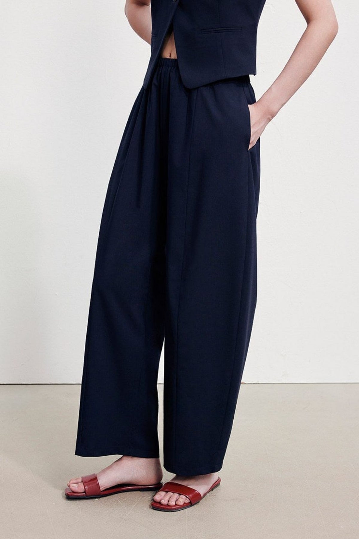 Wool-blend elastic waist gathered wide-leg pants B4996