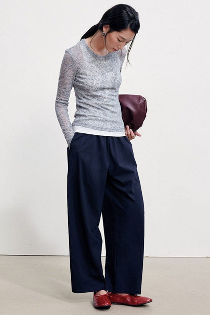 Wool-blend elastic waist gathered wide-leg pants B4996