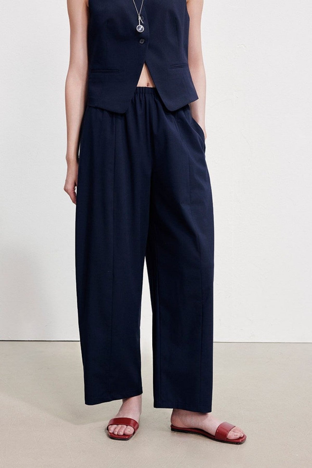 Wool-blend elastic waist gathered wide-leg pants B4996