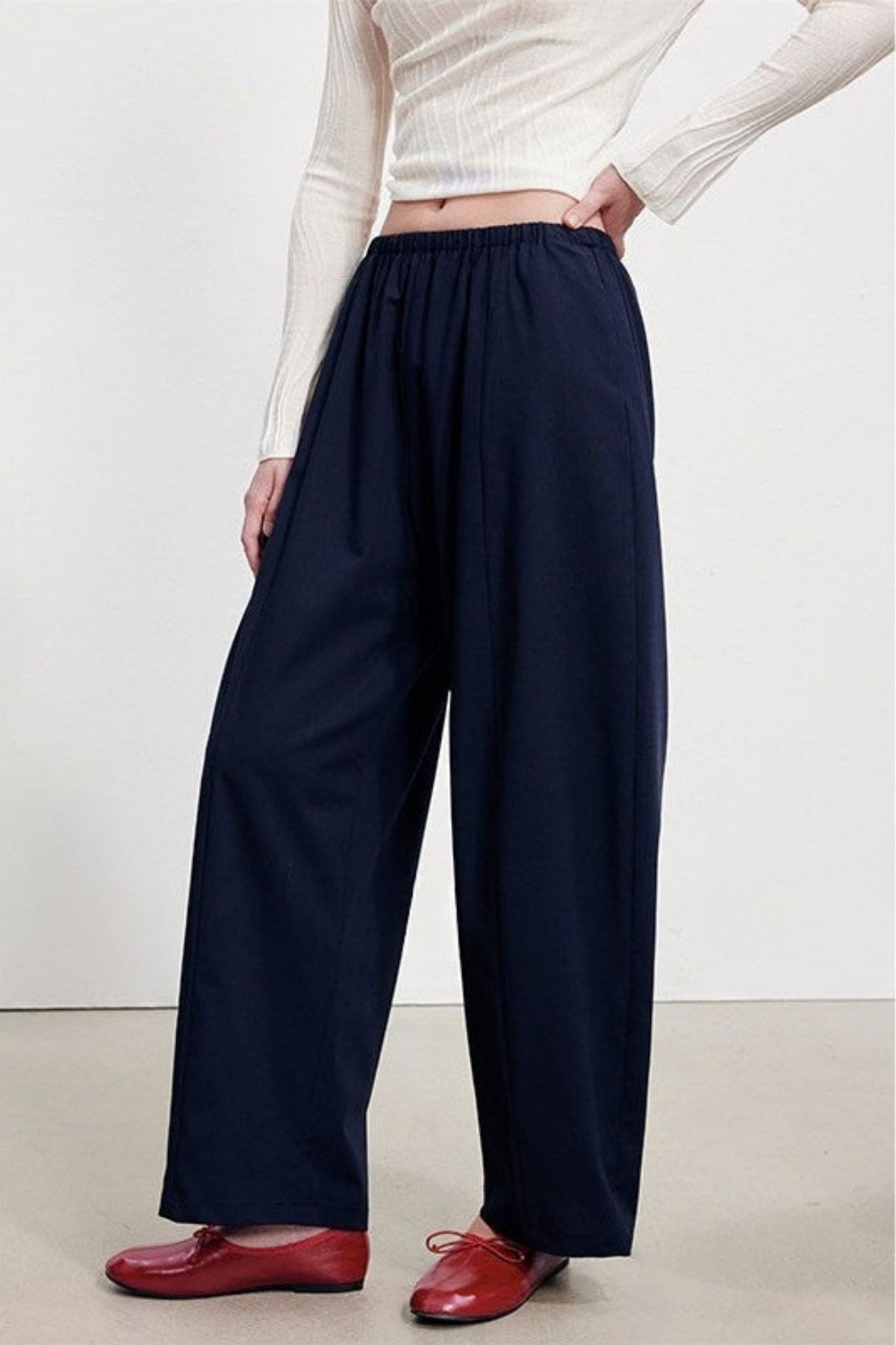 Wool-blend elastic waist gathered wide-leg pants B4996