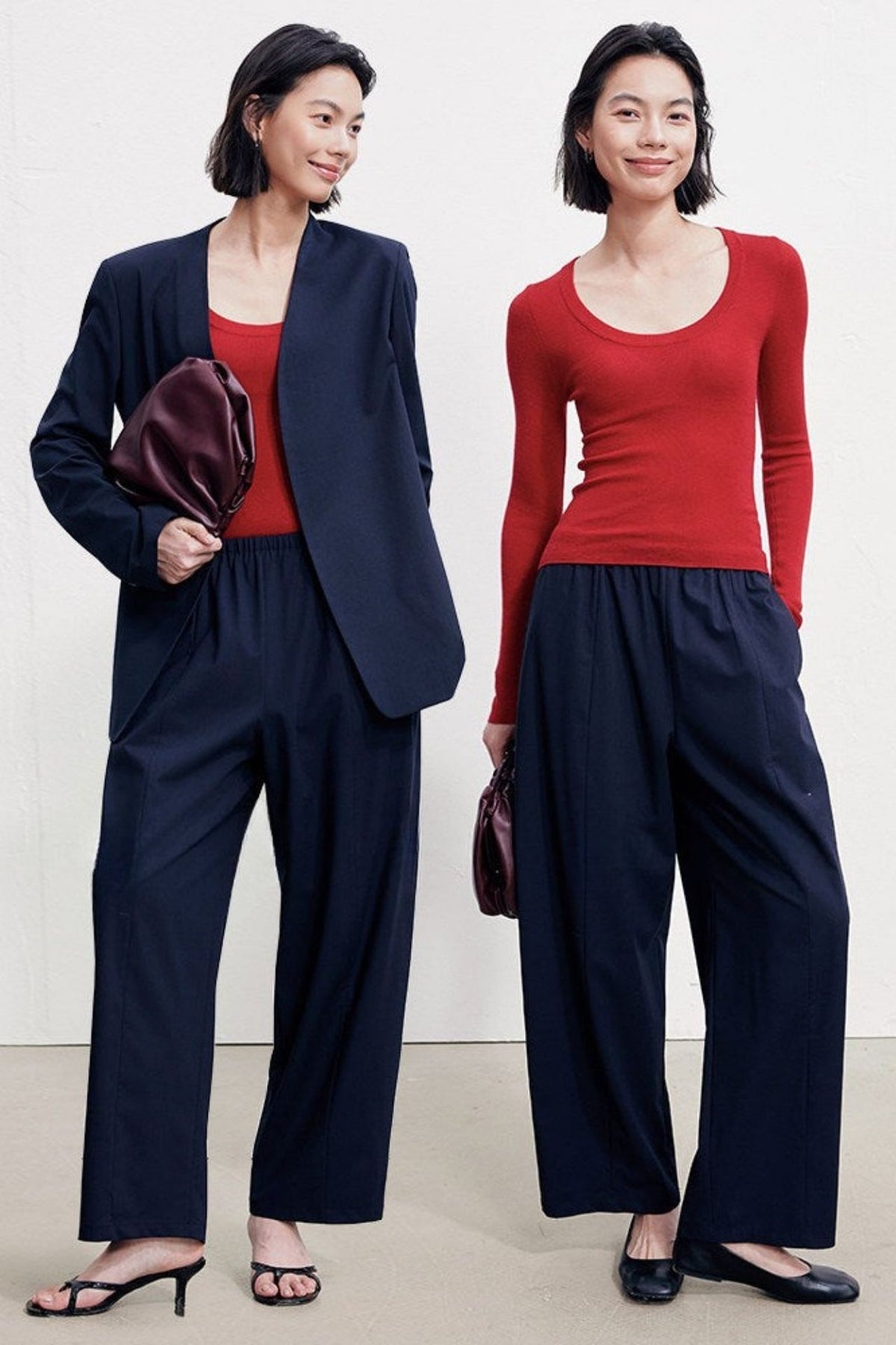 Wool-blend elastic waist gathered wide-leg pants B4996