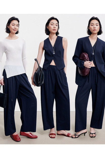 Wool-blend elastic waist gathered wide-leg pants B4996